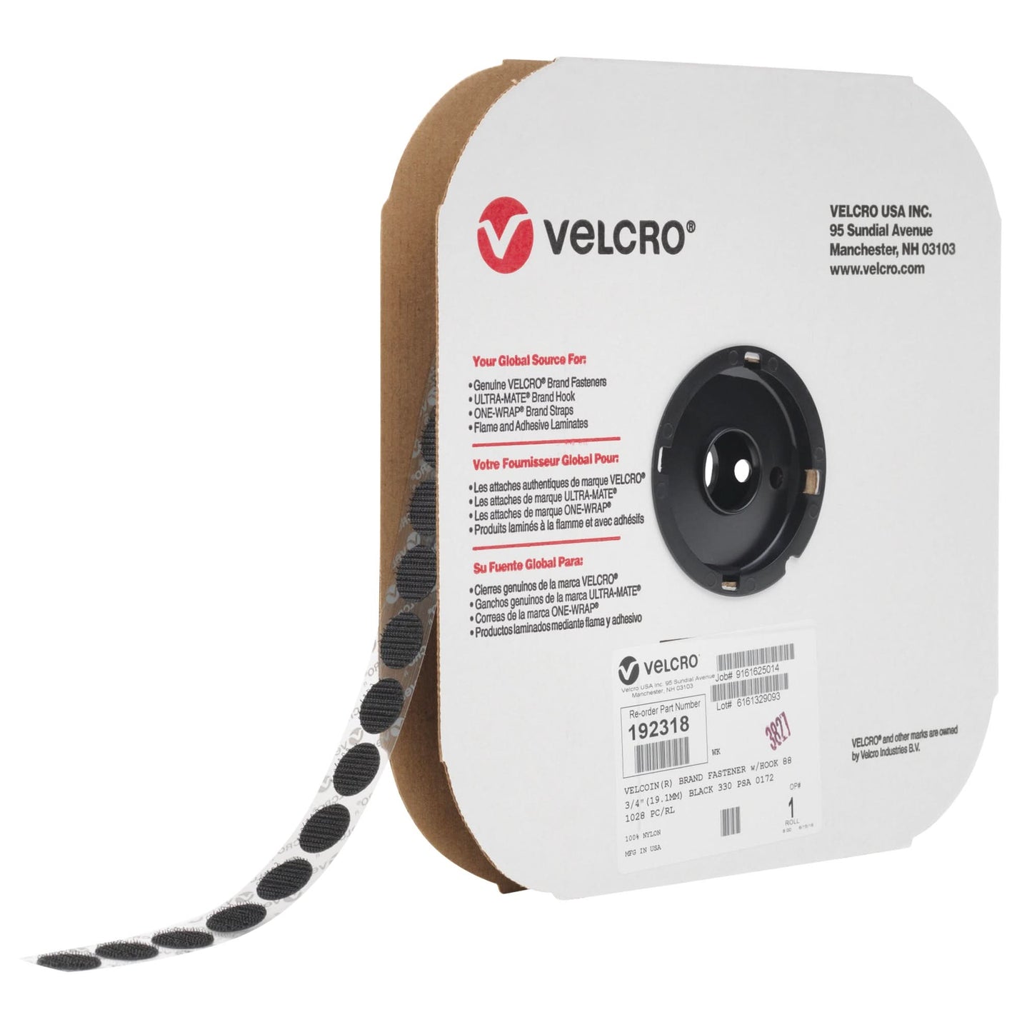 Velcoin® Fastener, Loop, 3/4" Dia., Adhesive, Black