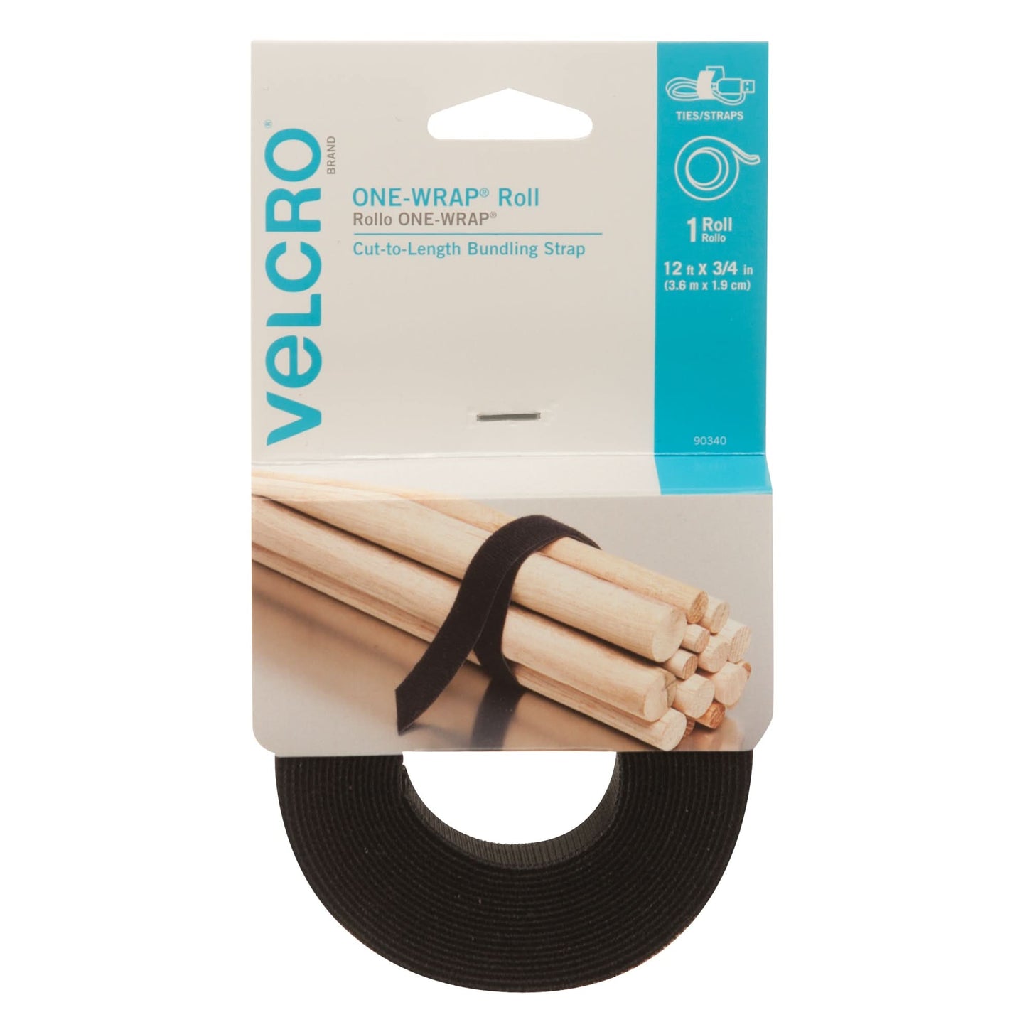 One-Wrap® Fastener Tape, Hook & Loop, 12' x 3/4", Self-Grip, Black