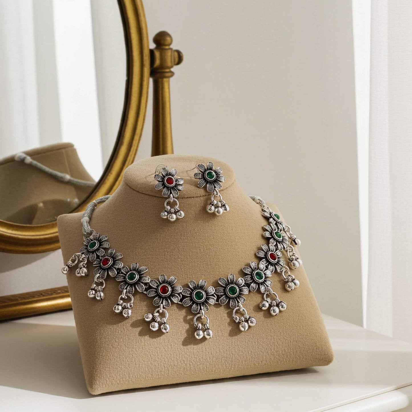 Oxidized Silver Floral Necklace & Earrings Set