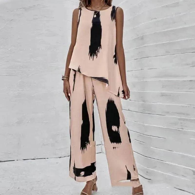 Printed Irregular Top Two-piece Pants Women