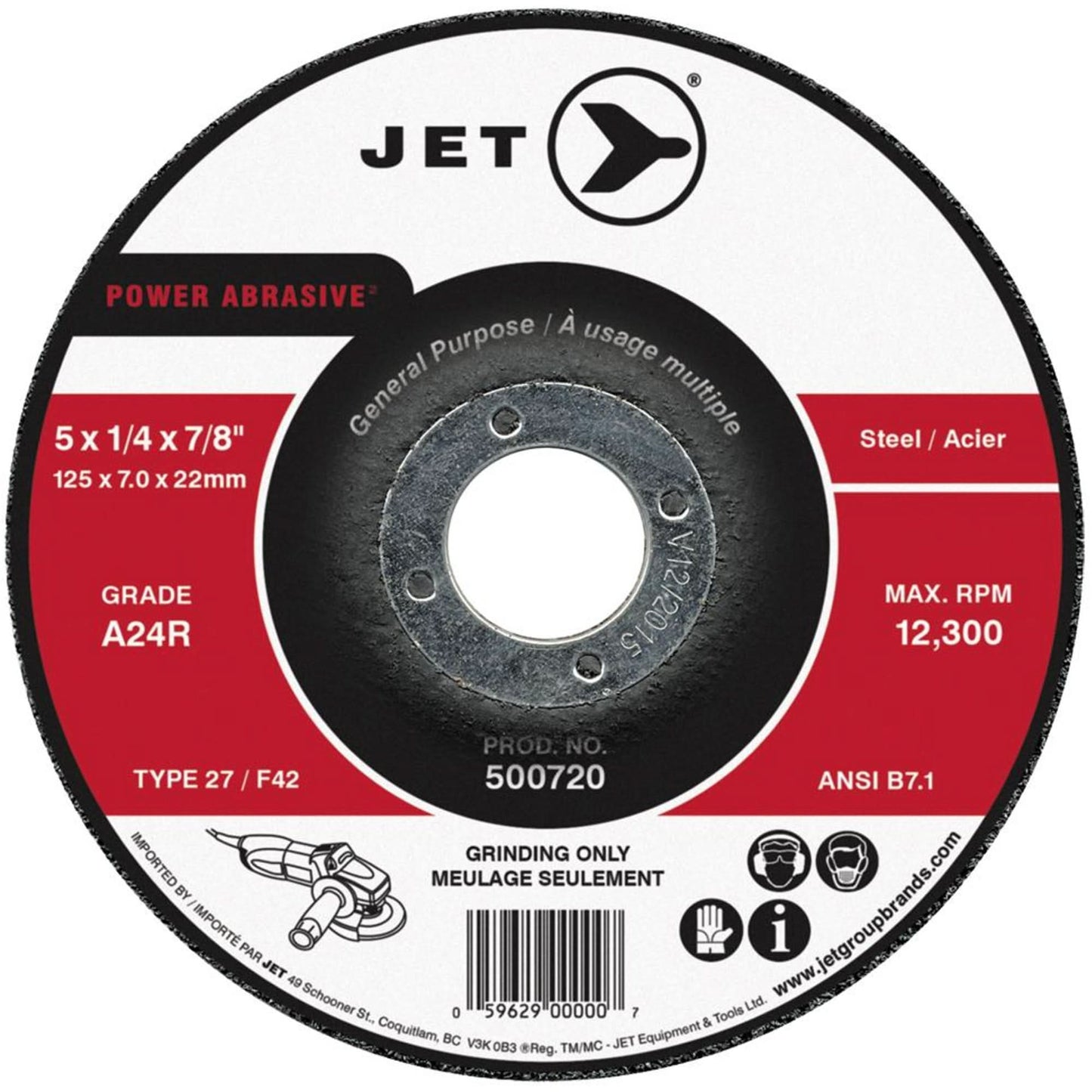 A24R Power Abrasive Grinding Wheel, 4-1/2" x 1/4", 7/8" Arbor, Type 27