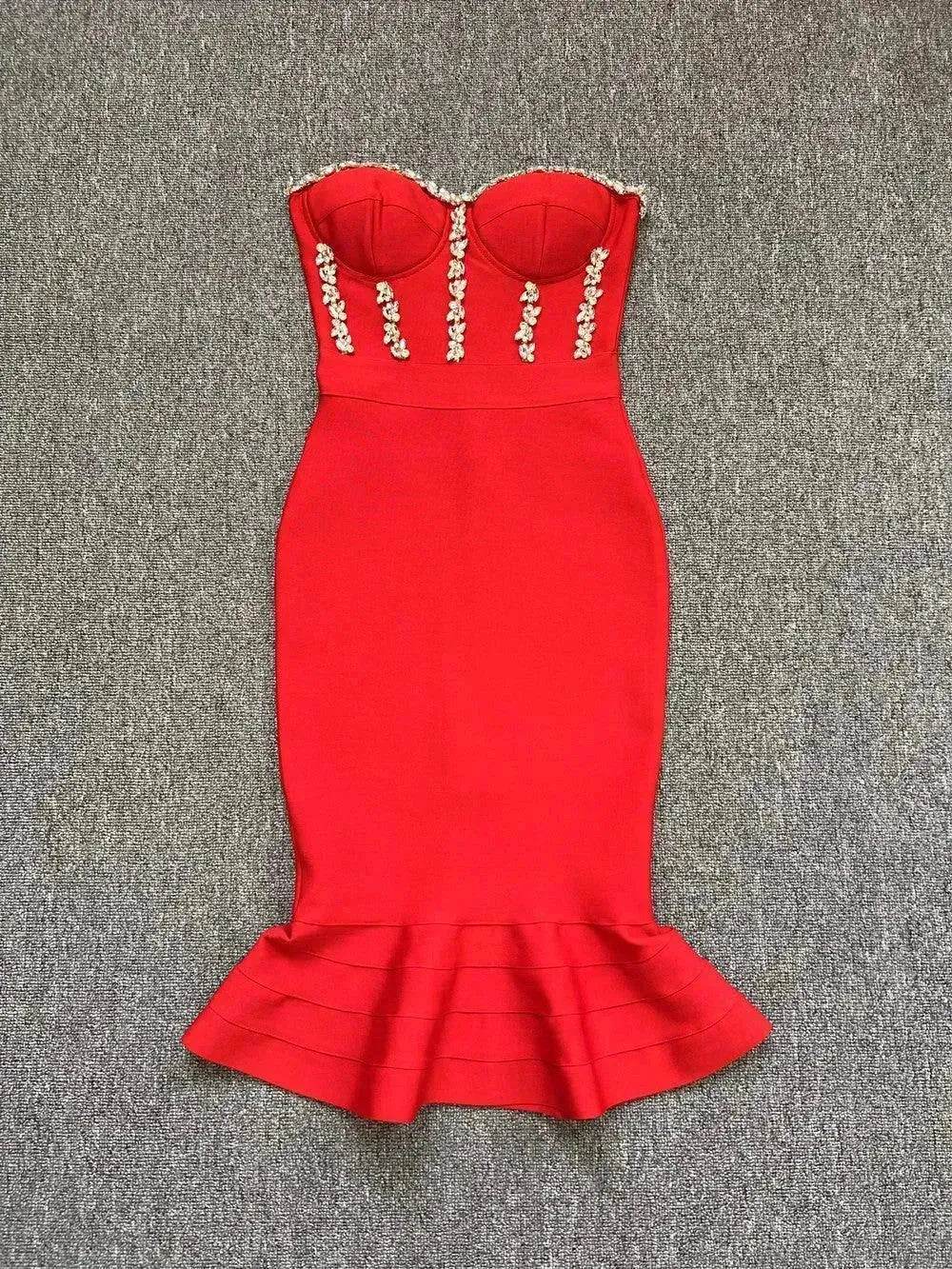 Rhinestone Waist-tight Hip Lotus Leaf Fishtail Gown