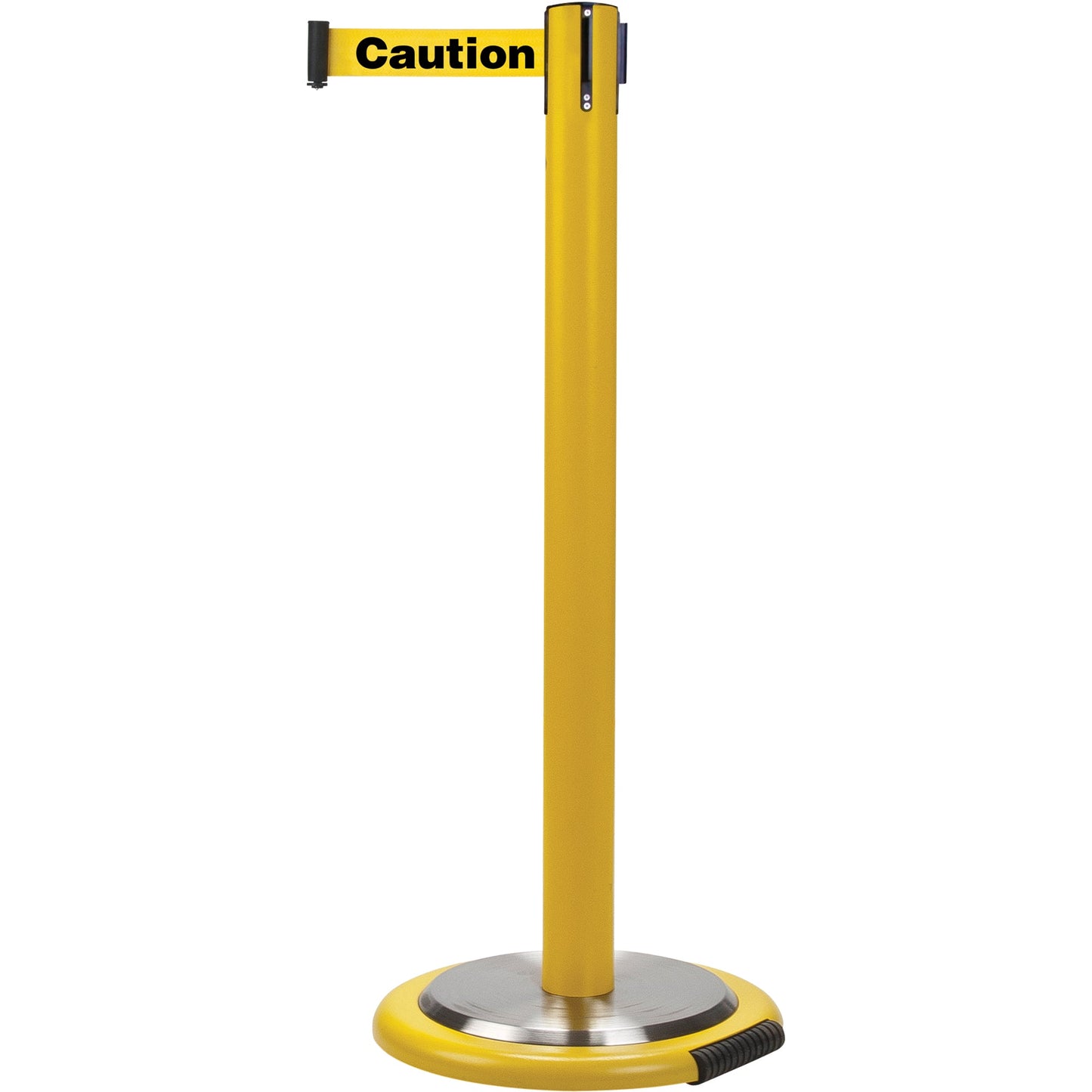 Poteau de guidage autoportant, acier, 89 cm H, sangle jaune, 2,13 m de sangle