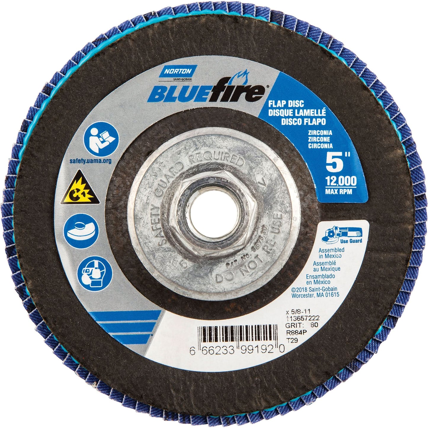 BlueFire® Flap Disc, 5" x 5/8"-11, Type 29, 80 Grit, Zirconia Alumina