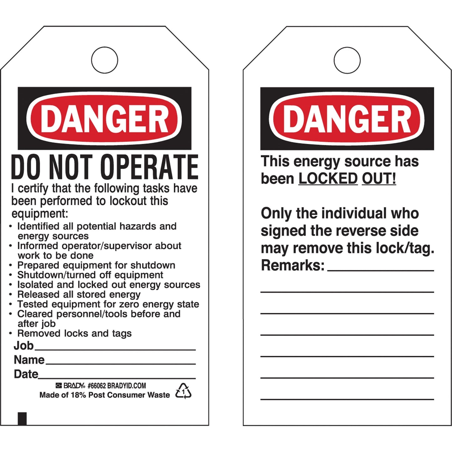 Lockout Tags, Plastic, 3" W x 5-1/2" H, English