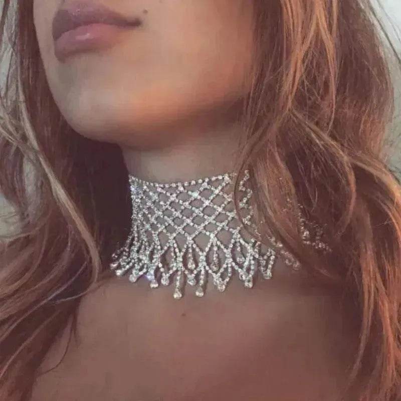 Sparling Rhinestone Diamond Fringed Tassel Choker Necklace for Women Bridal Wedding Luxury Necklace