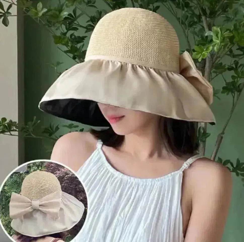 Chapeau de soleil en paille d'été à large bord et grand nœud, chapeau de pêcheur anti-UV, protection solaire et faciale pour l'extérieur