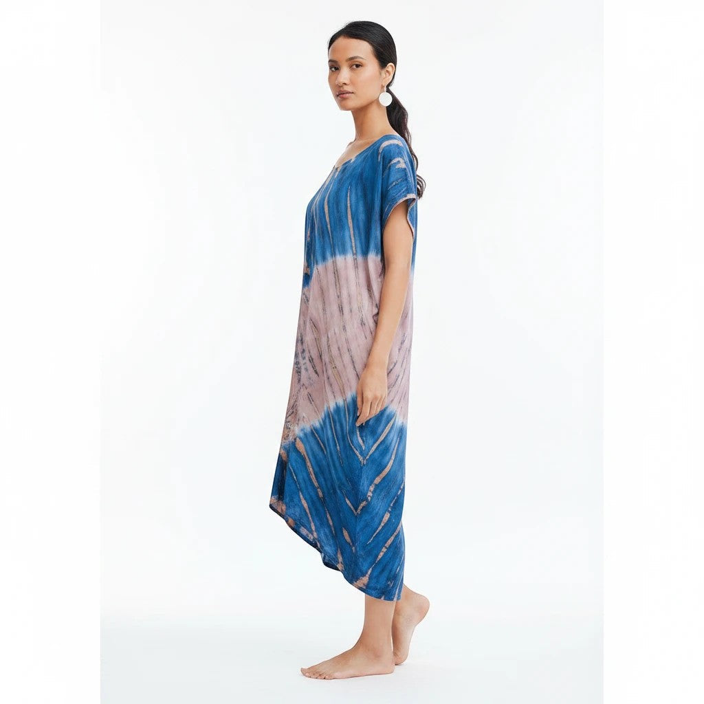 Tie Dye Kaftan Beach Dress - Blue & Pink