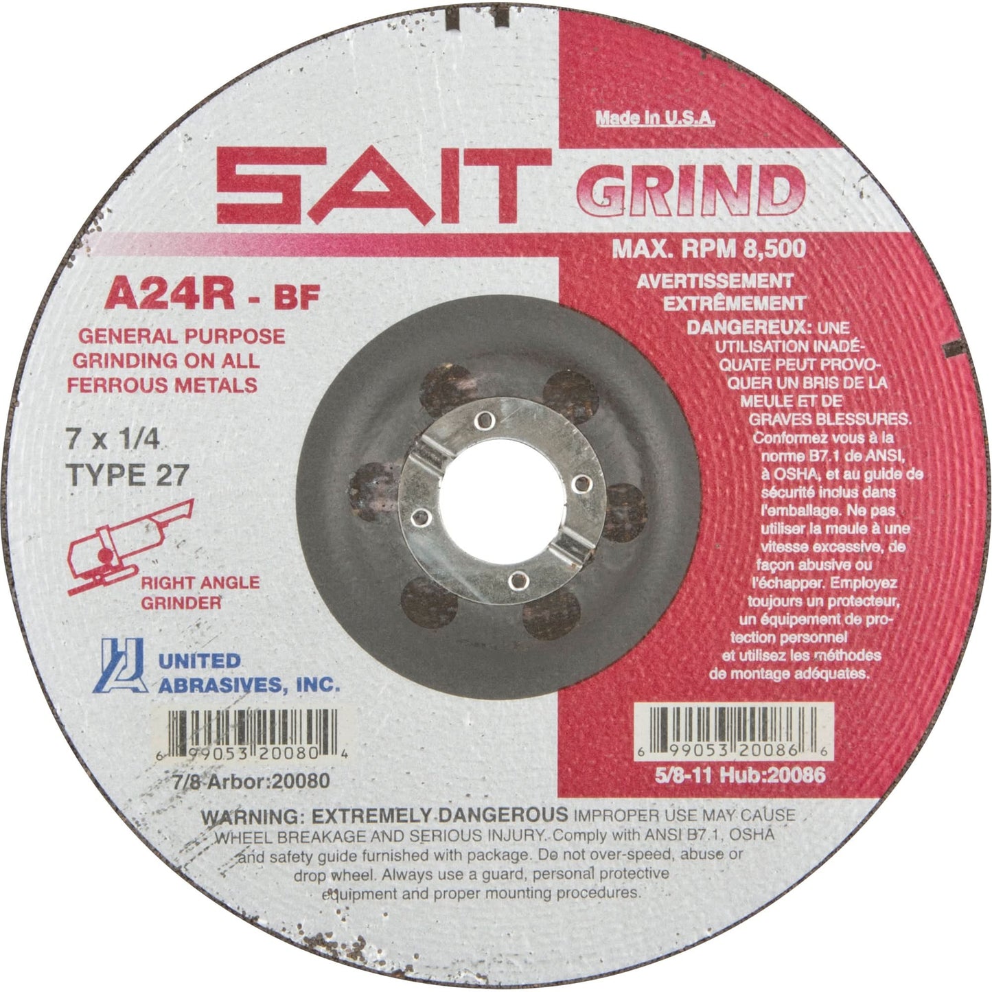 A24R Long Life Grinding Wheel, 7" x 1/4", 7/8" Arbor, Aluminum Oxide, Type 27
