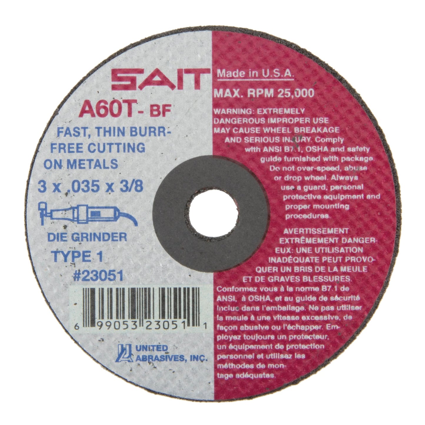 Cut-Off Wheel (A36T), 3" x 0.035", 3/8" Arbor, Type 1, Aluminum Oxide, 25000 RPM