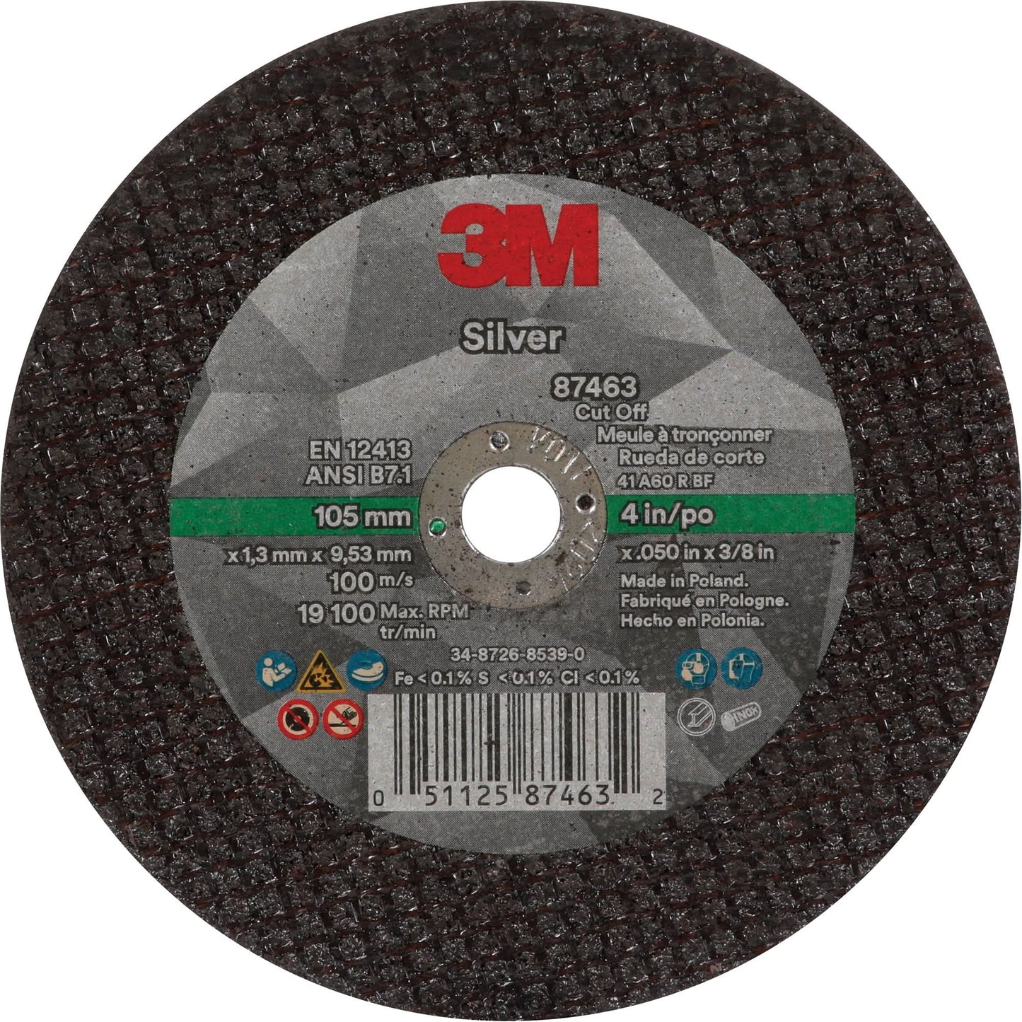 Silver Cut-Off Wheel, 4" x 0.05", 3/8"-24 Arbor, Type 1, Ceramic, 19100 RPM