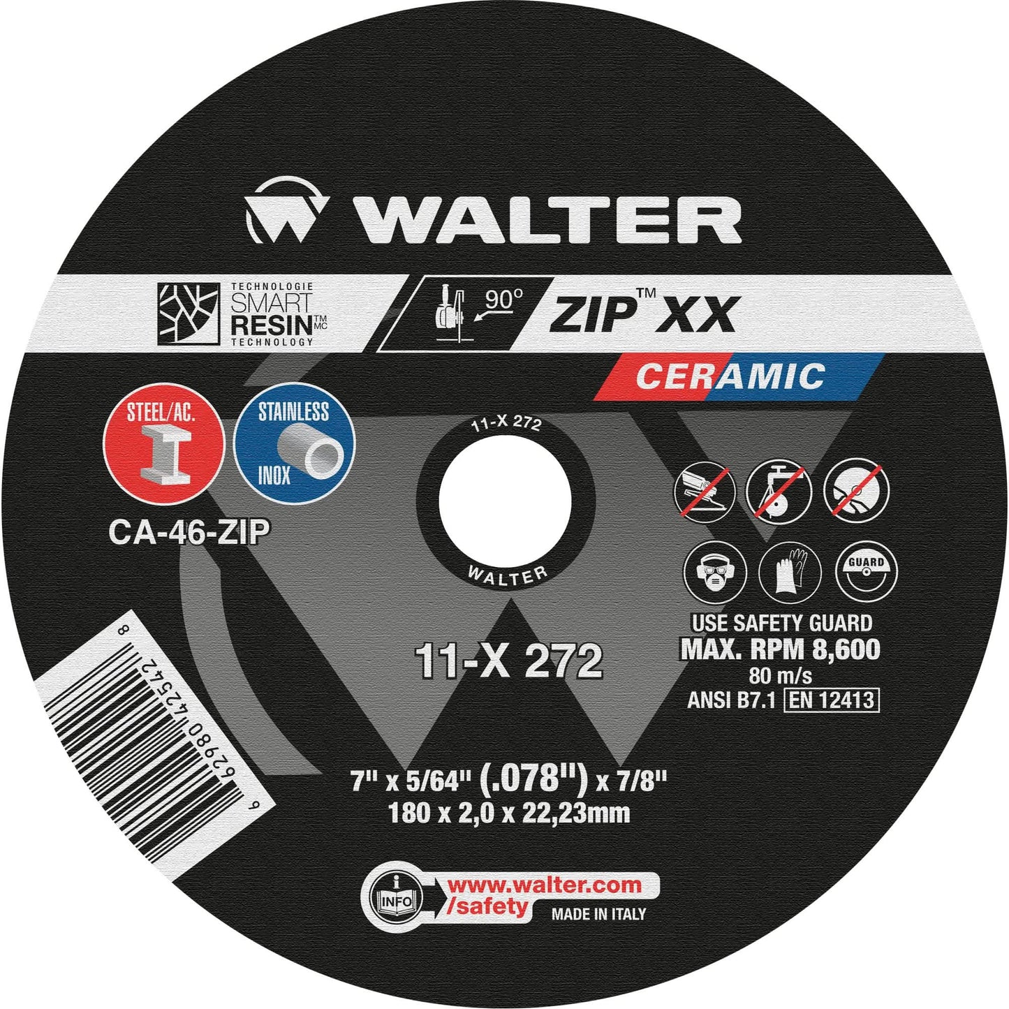 Zip™ XX Ceramic Cut-Off Wheel, 7" x 5/64", 7/8" Arbor, Type 1, Ceramic, 8600 RPM