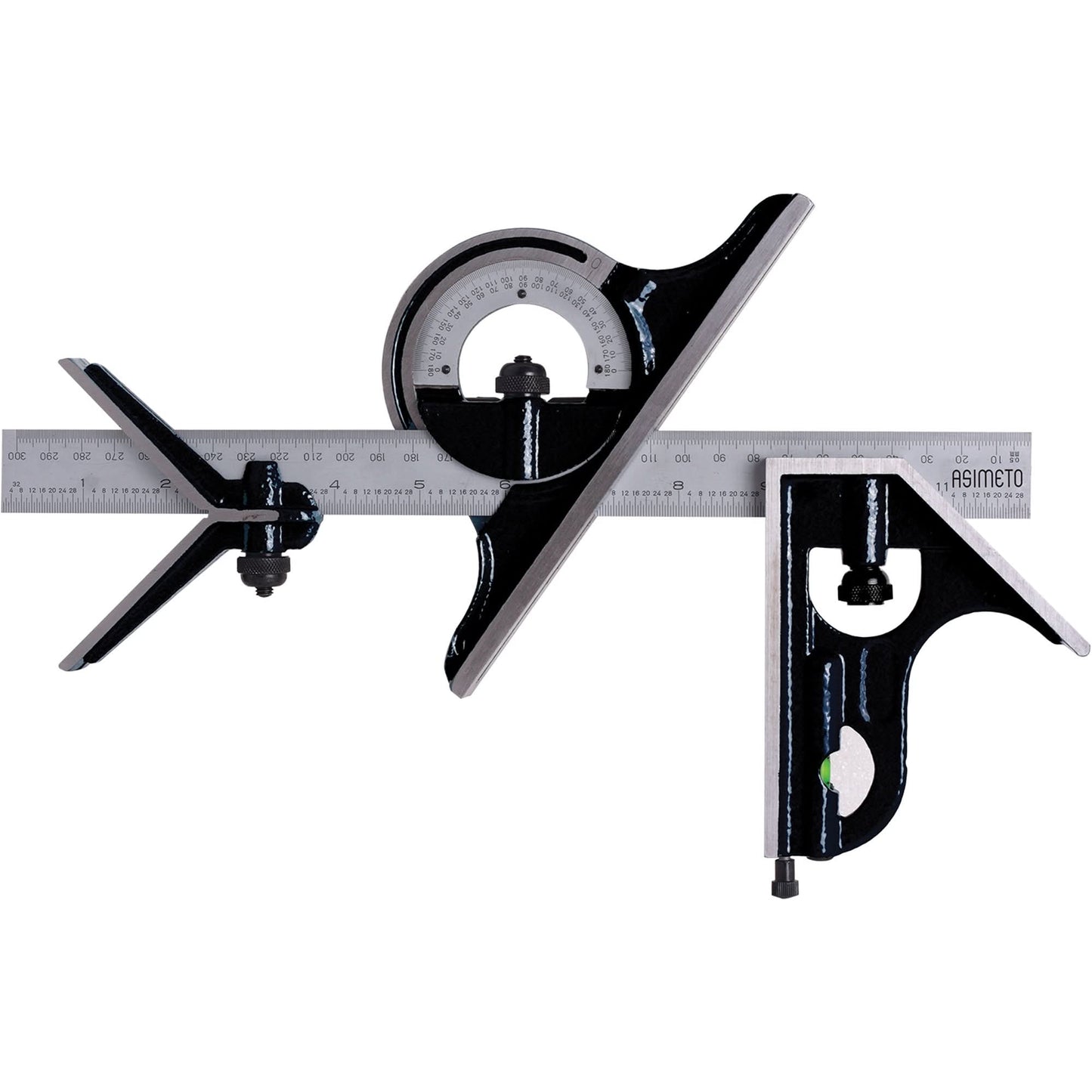 Combination Square Set with E/M Rule, 4 pcs., 1/64"/0.5 mm Graduations, Steel, Plain