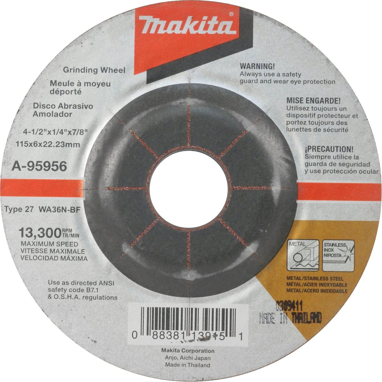 INOX Grinding Wheel, 4-1/2" x 1/4", 7/8" Arbor, Aluminum Oxide, Type 27