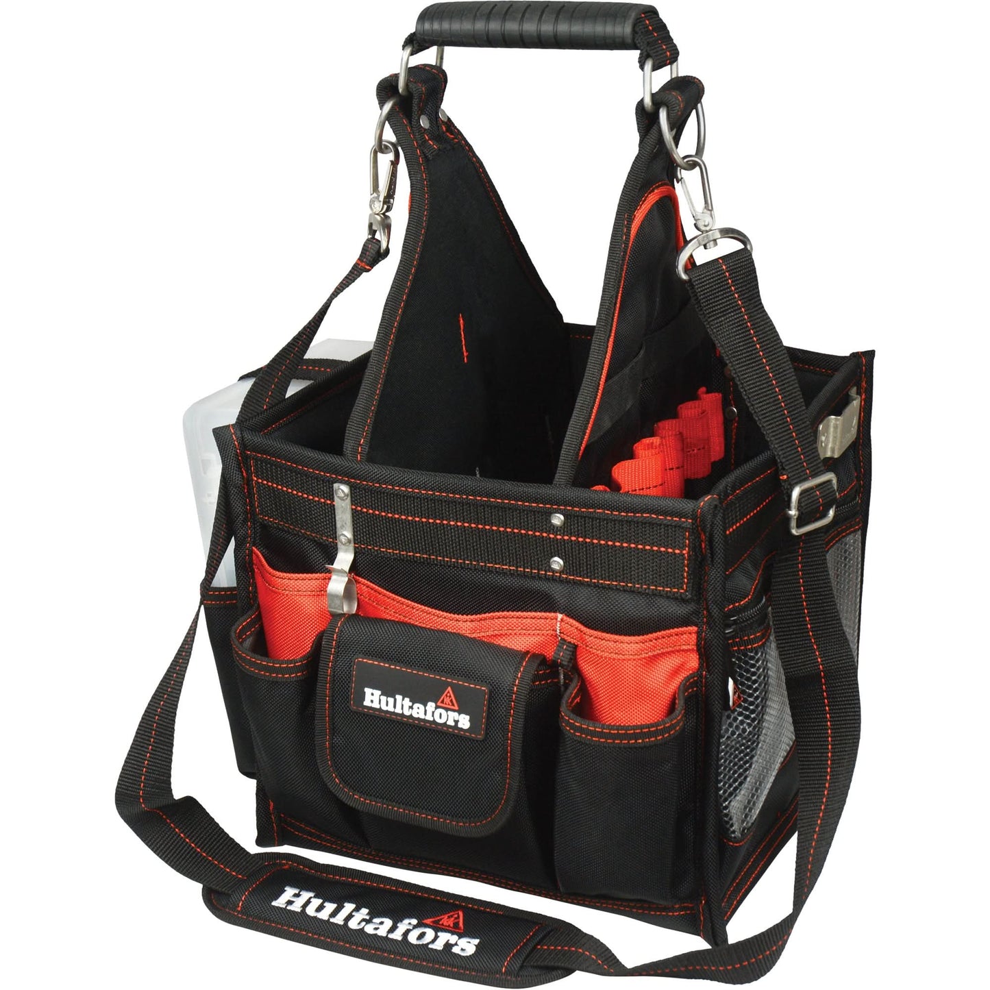 11" Electrical/Maintenance Tool Carrier with Parts Tray, Ballistic Polyester, Black/Red