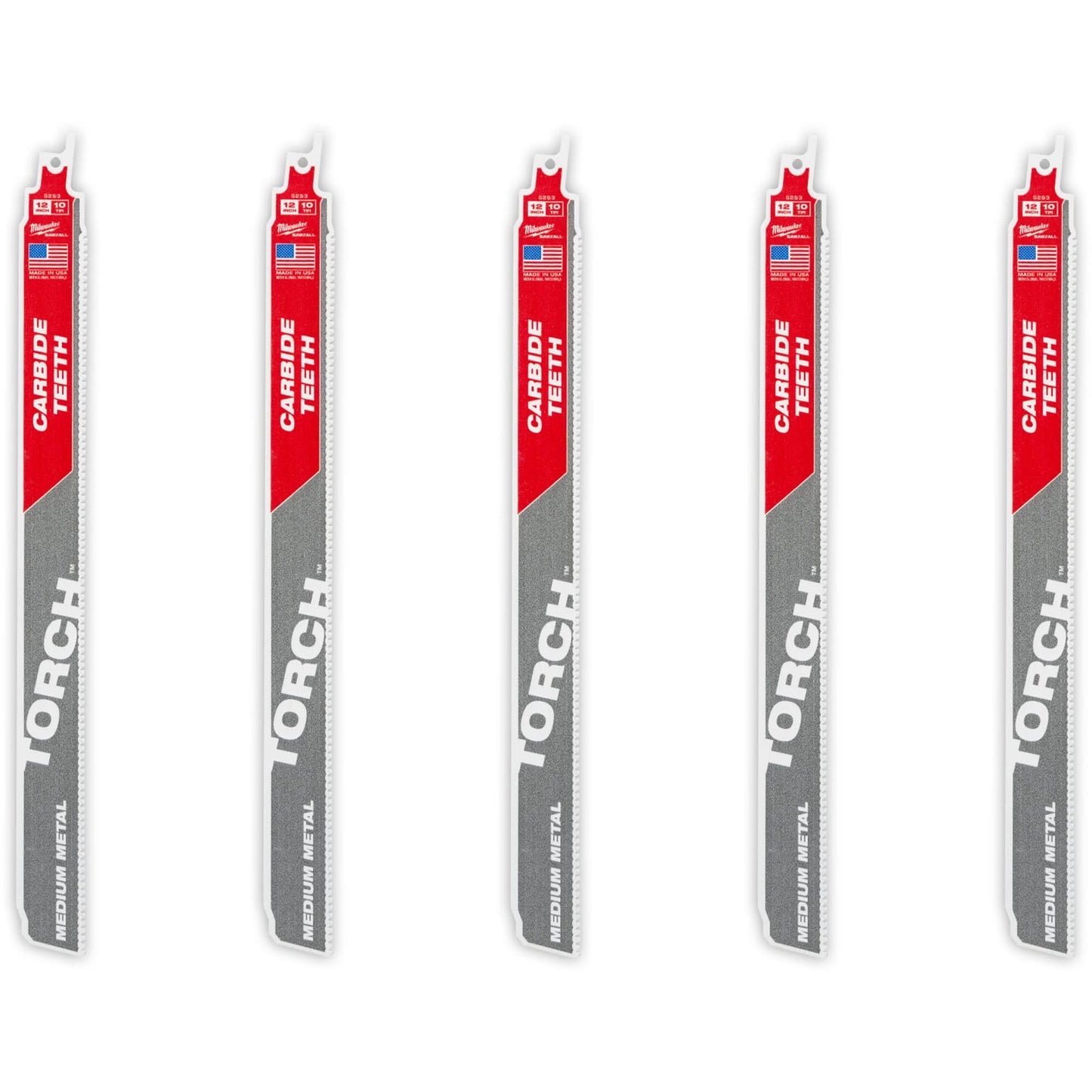 TORCH™ 5-Pack with Carbide Teeth for Medium Metal, Carbide, 10 TPI, 12" L x 1" W