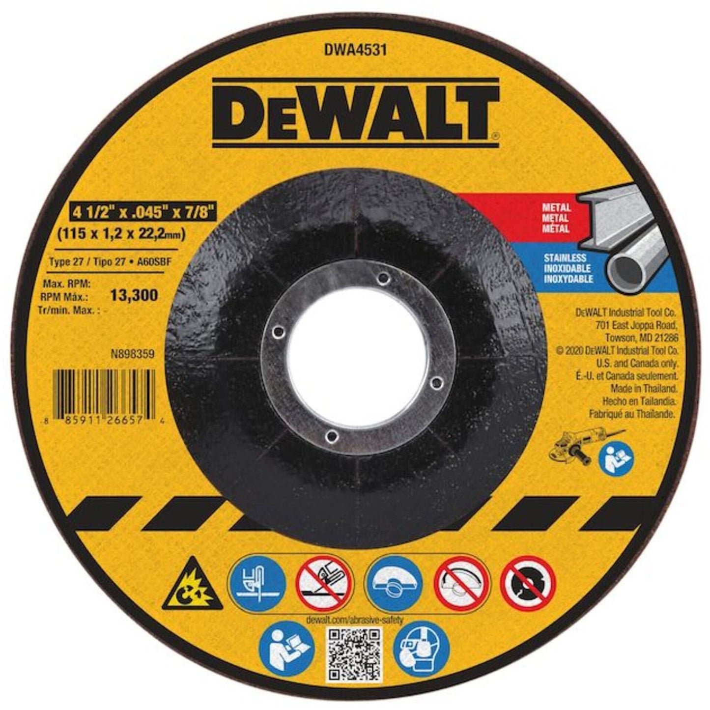 Metal Cutting Wheel, 4-1/2" x 0.045", 7/8" Arbor, Type 27, Aluminum Oxide
