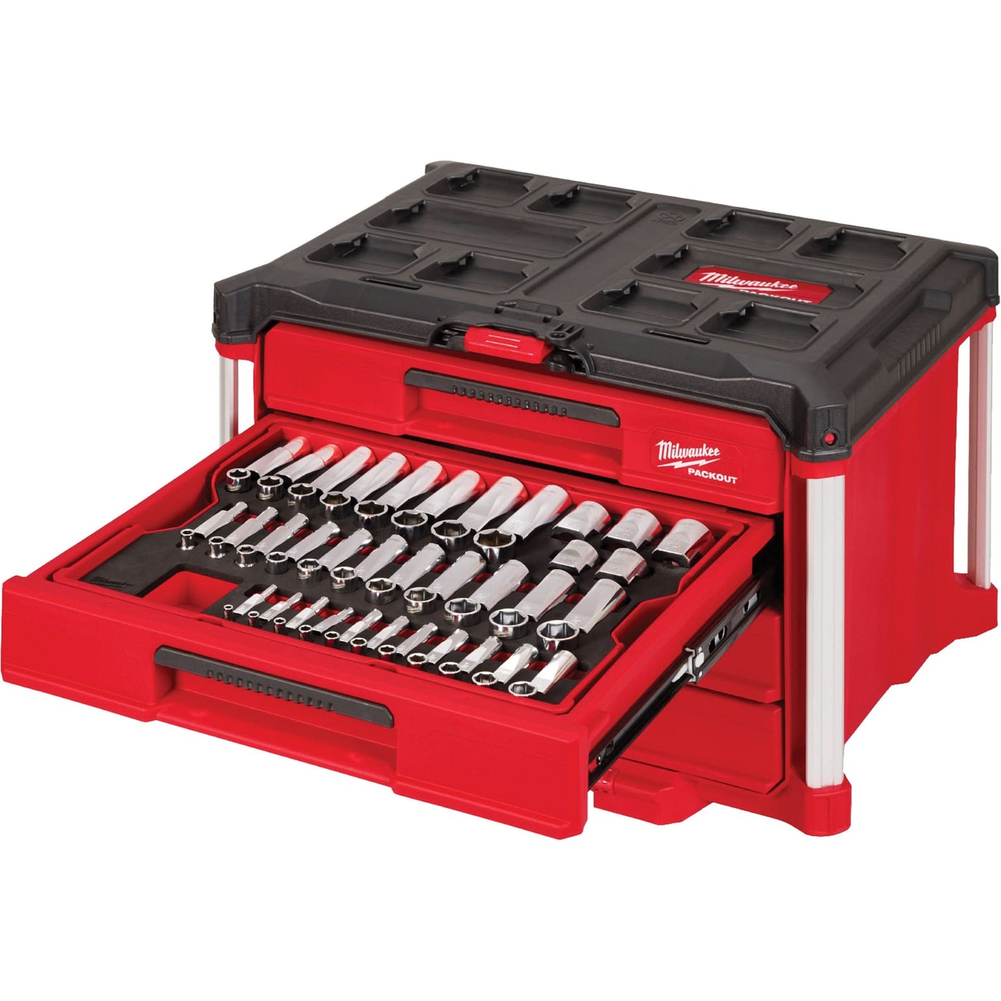 242-Piece 1/4”, 3/8” & 1/2” Drive Metric & SAE Ratchet & Socket Set with PACKOUT™ 4-Drawer Tool Box, 16-3/10" x 22-1/5" x 14-3/10", Black/Red