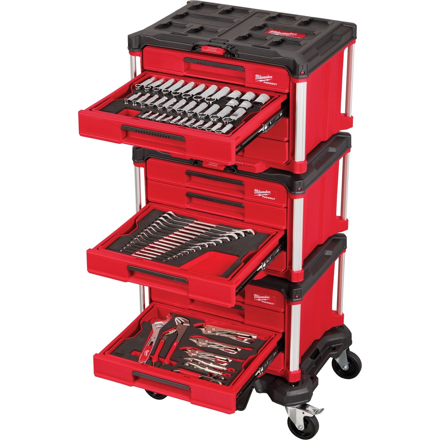 Jeu d'outils à main Master Mechanics 366 pièces avec tiroirs et chariot PACKOUT™, 16-3/10" x 22-1/5" x 48-5/8", noir/rouge