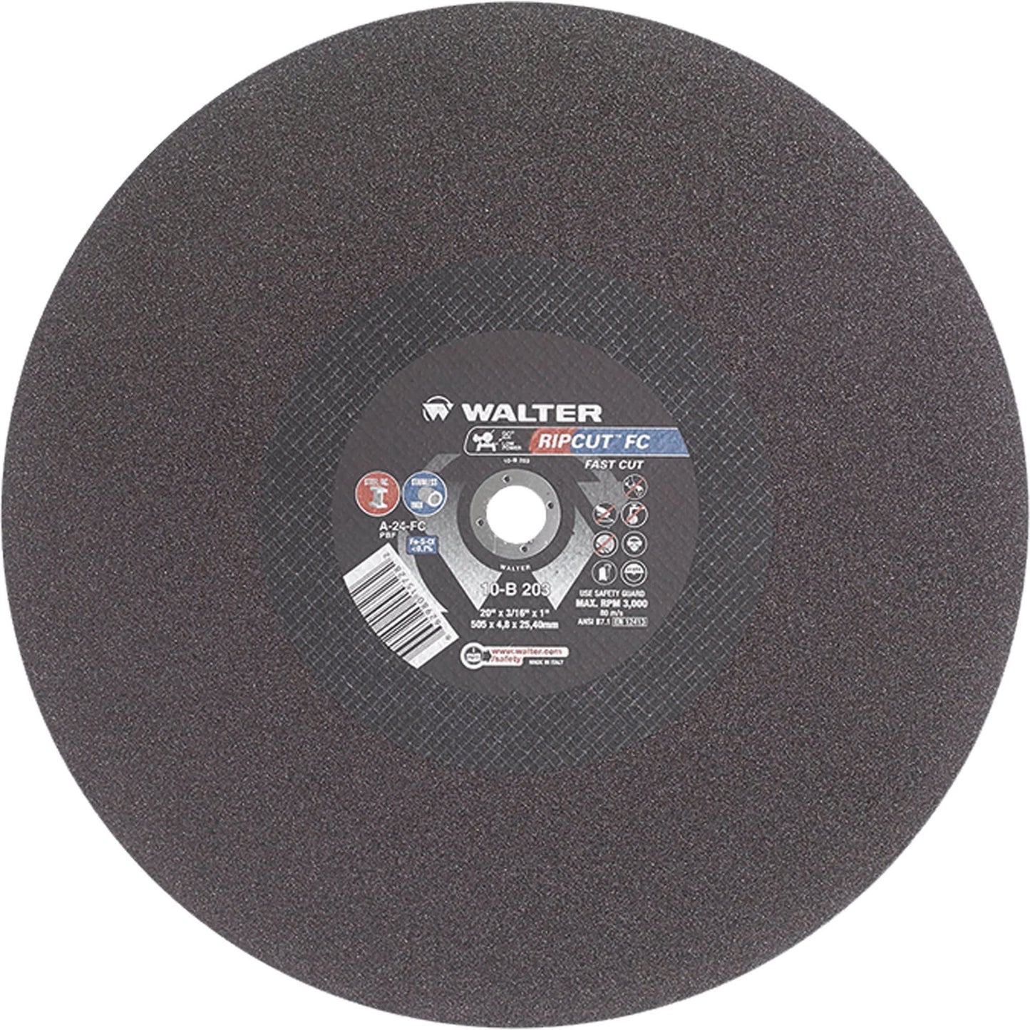 Ripcut™ Stainless Steel & Steel Cut-Off Wheel for Stationary Saws, 20" x 3/16", 1" Arbor, Type 1, Aluminum Oxide, 3000 RPM