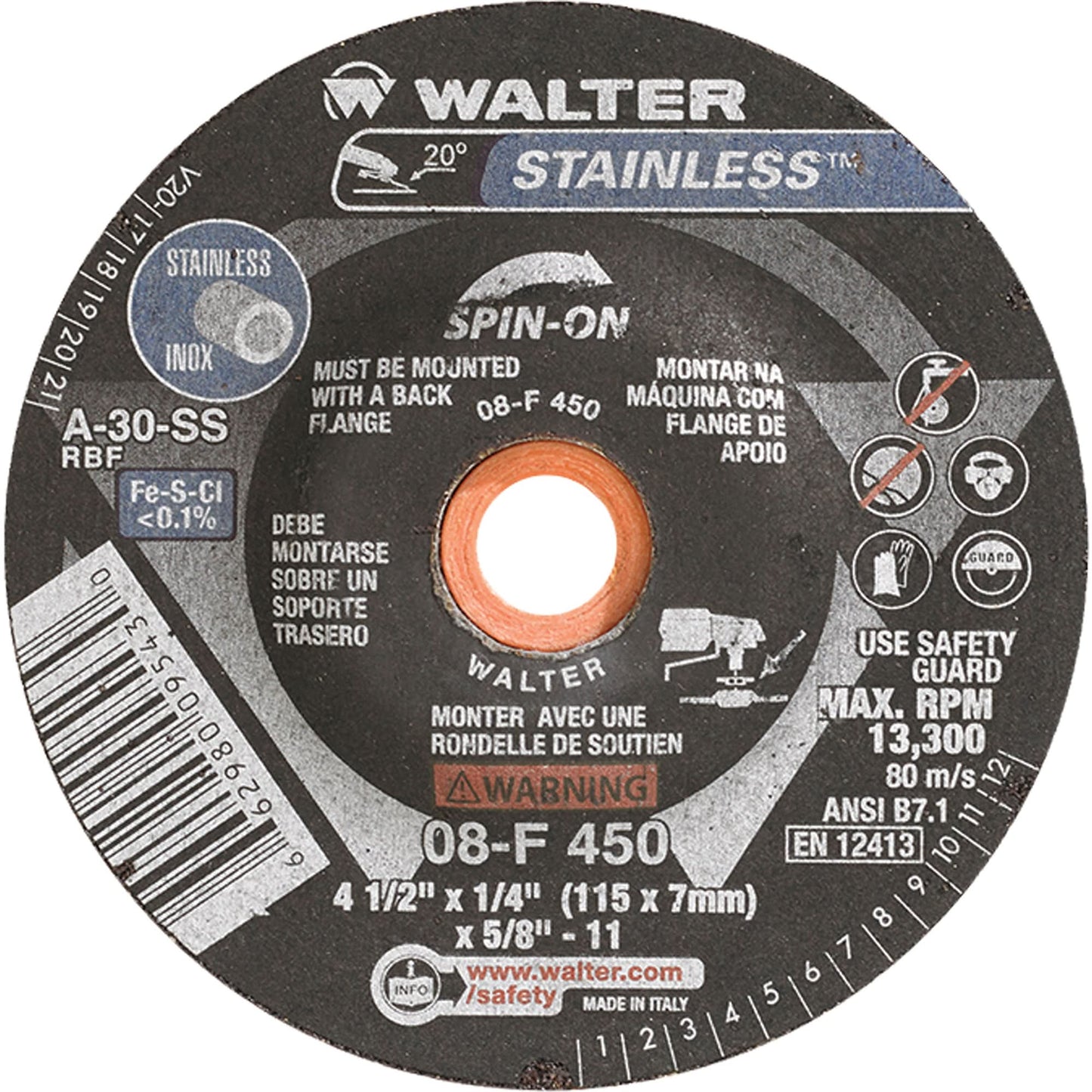 Depressed Centre Grinding Wheels - Stainless Type 27, 4-1/2" x 1/4", 5/8"-11 Arbor, Type 27S