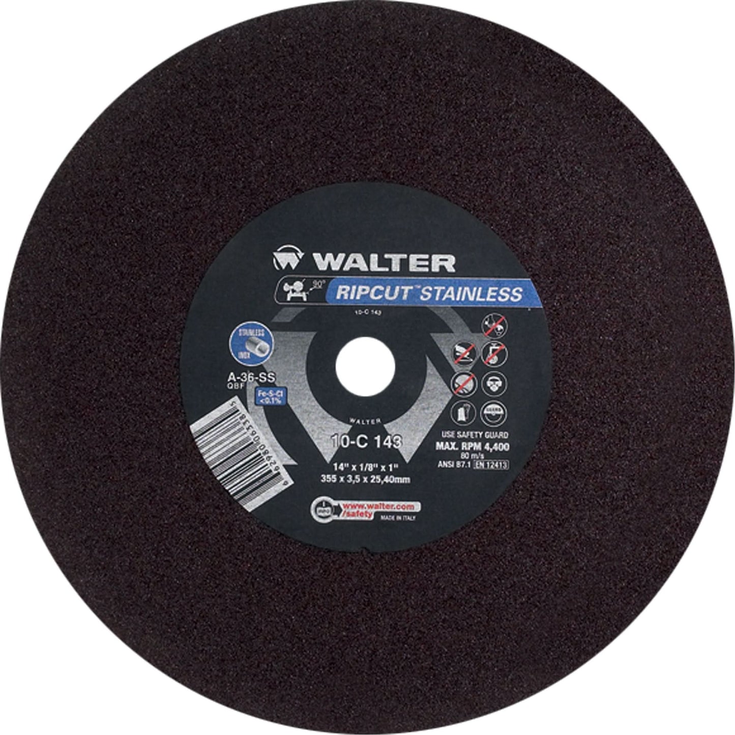 Ripcut™ Stainless Steel Cut-Off Wheel for Stationary Saws, 14" x 1/8", 1" Arbor, Type 1, Aluminum Oxide, 4400 RPM