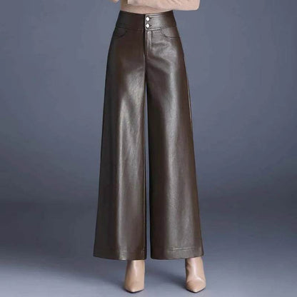 High Waist Thick Loose Big Leg Straight All-matching Wide Leg Leather trouser Pants For Women