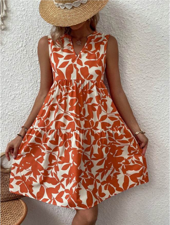 Robes bohèmes d'été, mode plage, col en V ample, imprimé plissé, sans manches, pour femmes