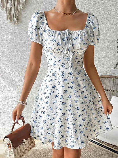 French-Style Floral Midi Dress for Women – Puff Sleeve Artistic Retro 3D Pattern Dress