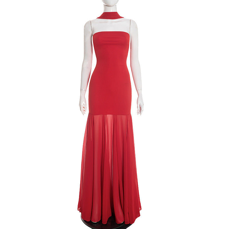 Women's Sleeveless Chiffon Tube Top Dress With Ribbons – Elegant Floor-Length Dress