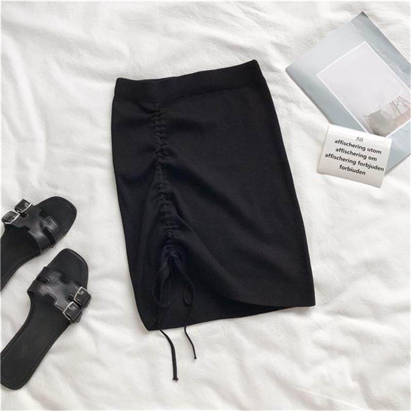 Hot Girl Hip Skirt Design High Waist With Straps Stretch Knitted Women's Mini Drawstring Split Skirt