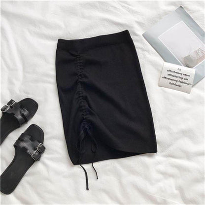 Hot Girl Hip Skirt Design High Waist With Straps Stretch Knitted Women's Mini Drawstring Split Skirt