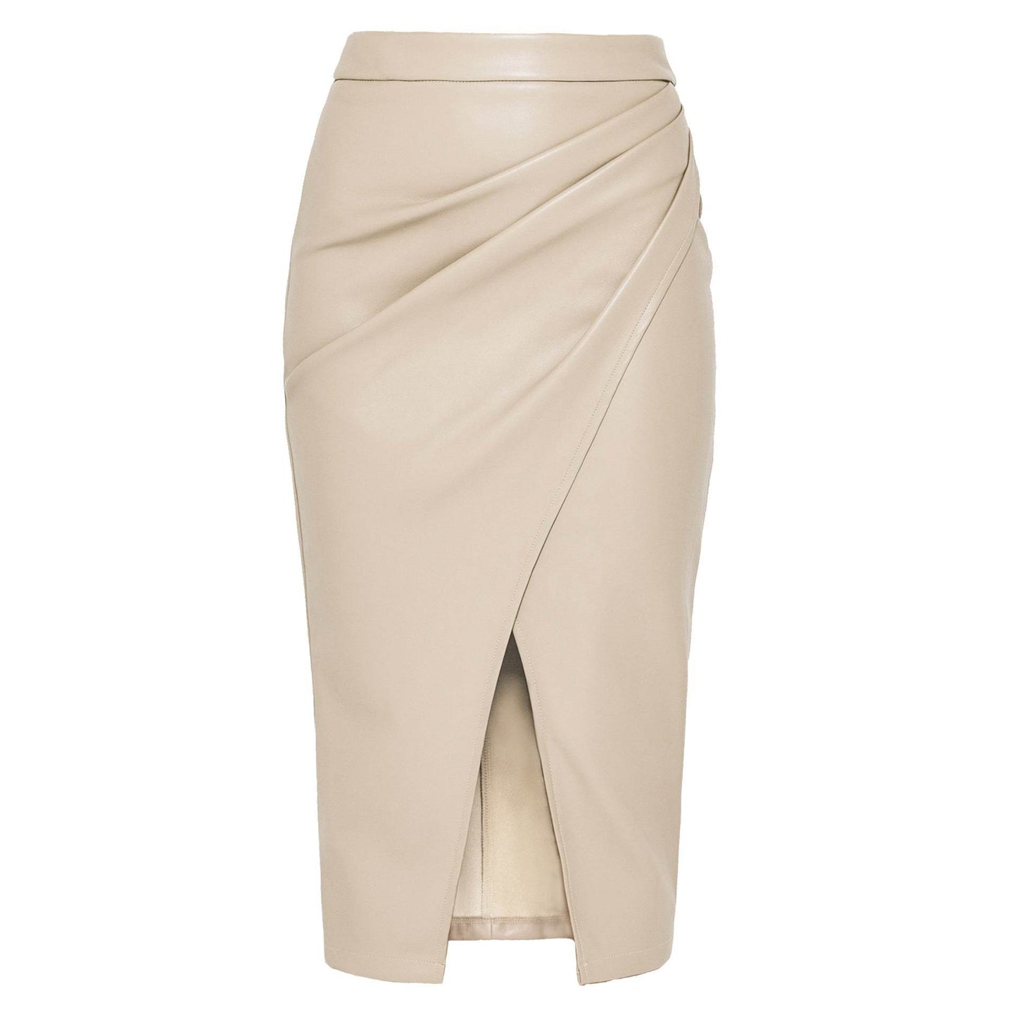 Women Formal Work Office Business High Waist Front Slit Midi Leather Skirt