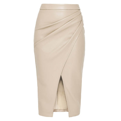 Women Formal Work Office Business High Waist Front Slit Midi Leather Skirt