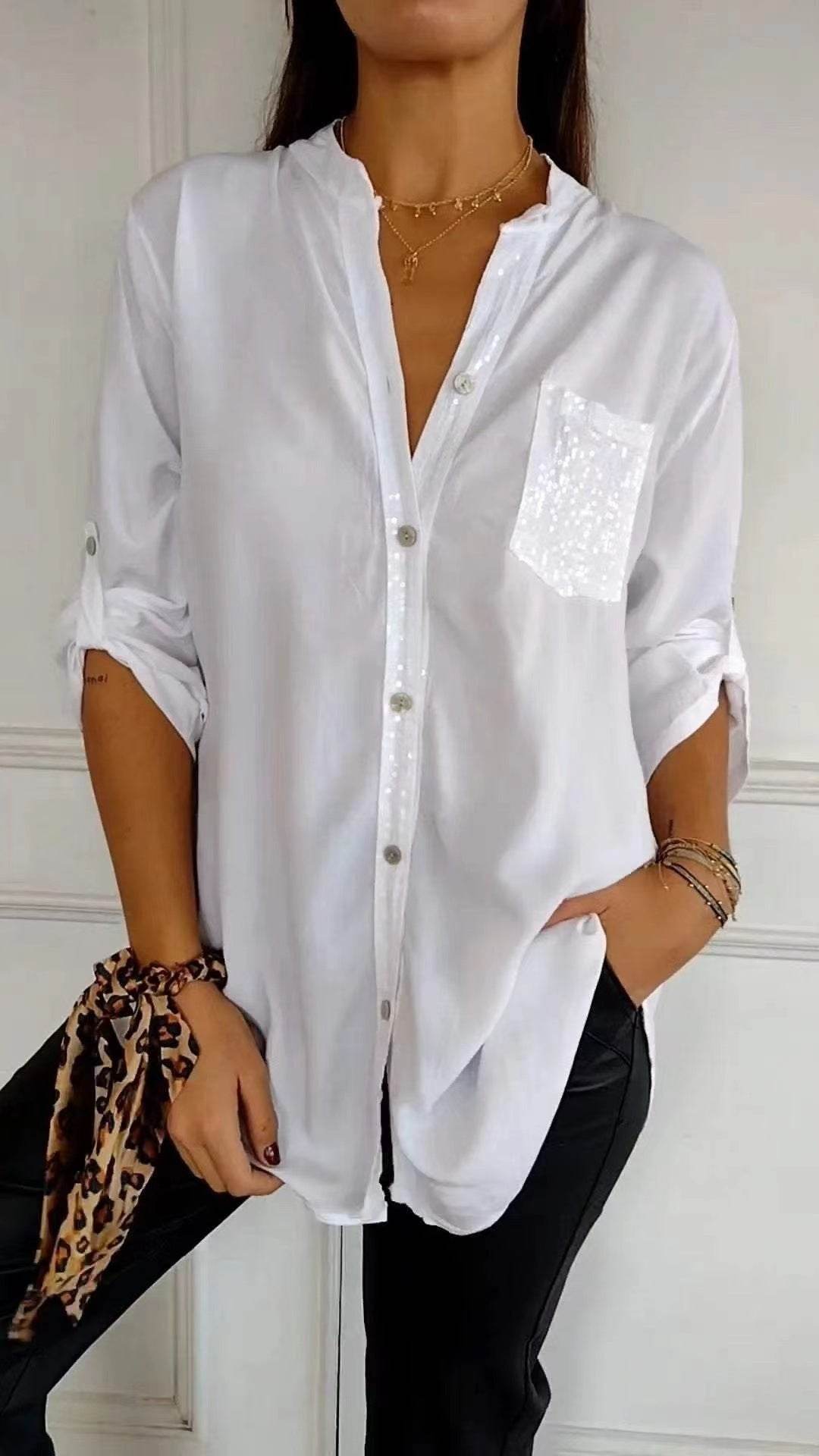 Chemisier décontracté à manches longues avec poche à sequins, haut tendance pour femmes