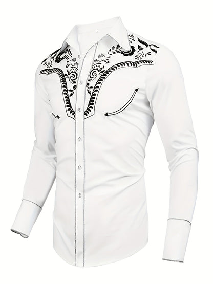Western Cowboy Chic Long Sleeve Embroidered Shirt - Soft Cotton Blend, Elegant Design, Casual Style for Spring Fall Vacation Resort Wear - Men's Shirt for Outdoor Activities, Travel, and Leisure