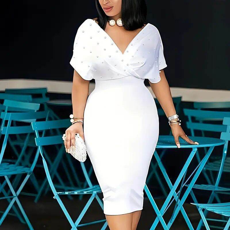 Women's Back Zipper dress Elegant Deep V Neck Wrap Bodycon Dress Pencil Midi Dress