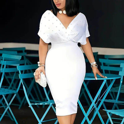 Women's Back Zipper dress Elegant Deep V Neck Wrap Bodycon Dress Pencil Midi Dress