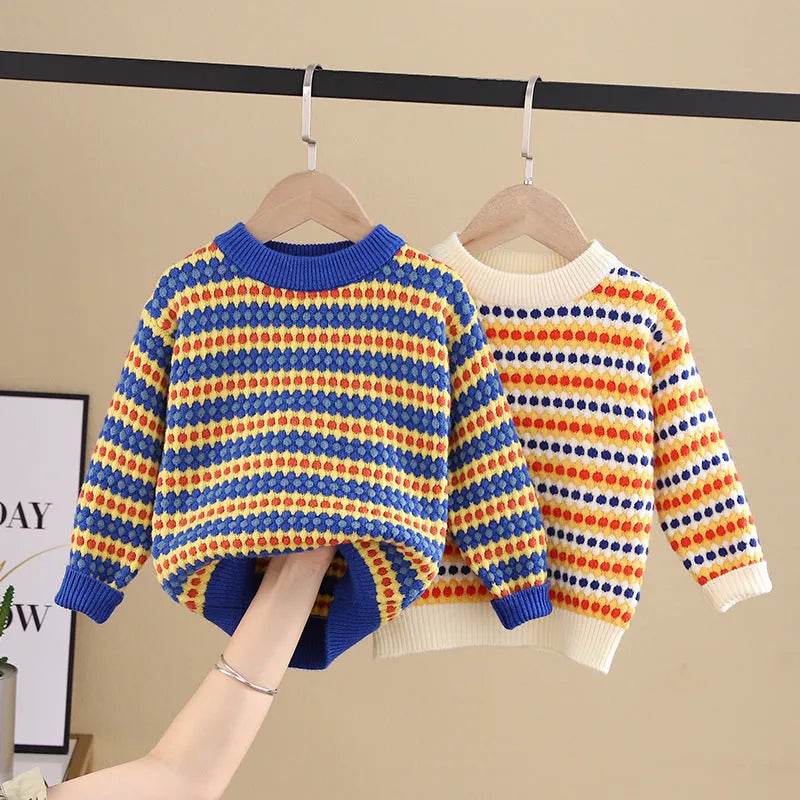 Children Rainbow Stripes Baby Round Neck Pullover Sweater Kids