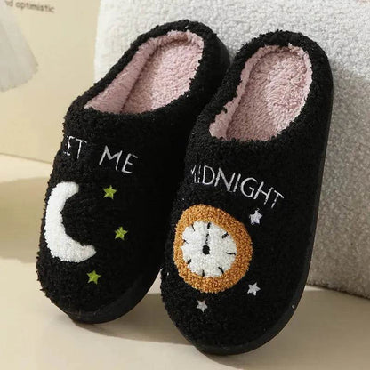 Chaussons d'intérieur imprimés lune et horloge, pantoufles chaudes d'hiver pour chambre à coucher pour femmes
