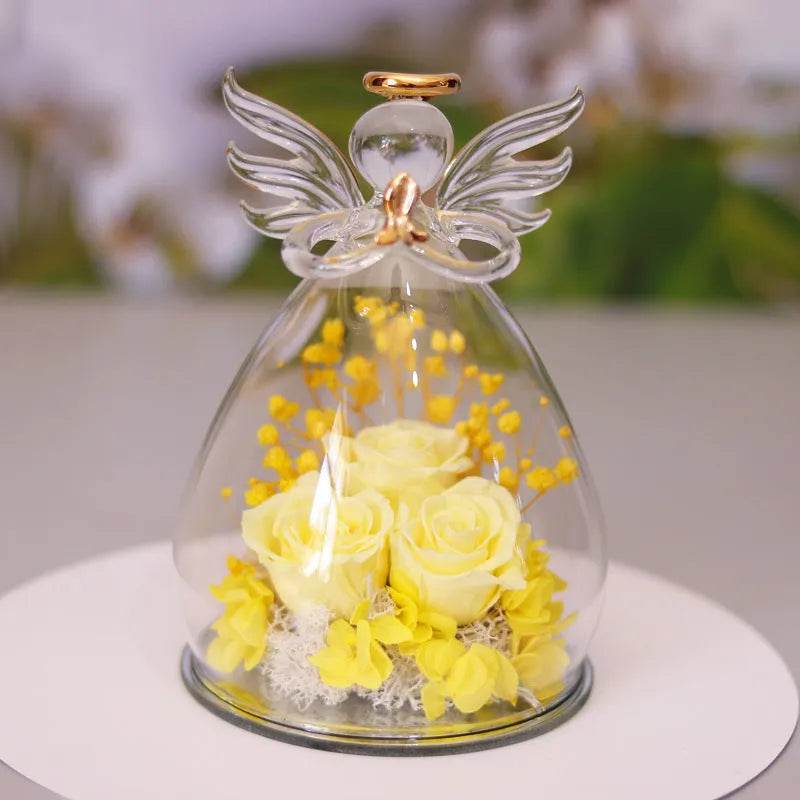 Boîte cadeau Fleur Éternelle Ange Sous Cloche Verre Rose Séchée Boîte Cadeau Pour Noël Nouvel An Saint Valentin Décoration Maison