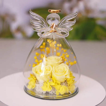 Boîte cadeau Fleur Éternelle Ange Sous Cloche Verre Rose Séchée Boîte Cadeau Pour Noël Nouvel An Saint Valentin Décoration Maison