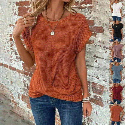 Chemise gaufrée décontractée d'été à manches courtes, Nouveau haut de soirée décontracté de couleur unie pour femme
