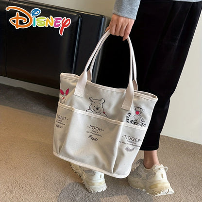 Disney Winnie The Pooh Printed Canvas Tote Bag, Vintage Single Shoulder Bag, Large Capacity Multi-Pocket Handbag Christmas/Halloween gift