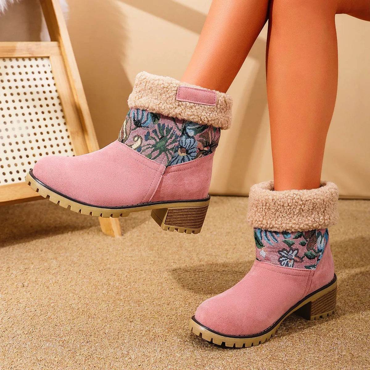 Bottes de neige brodées de fleurs, style ethnique, plateforme, talon carré épais, mi-mollet, bottes d'hiver chaudes en coton pour femmes
