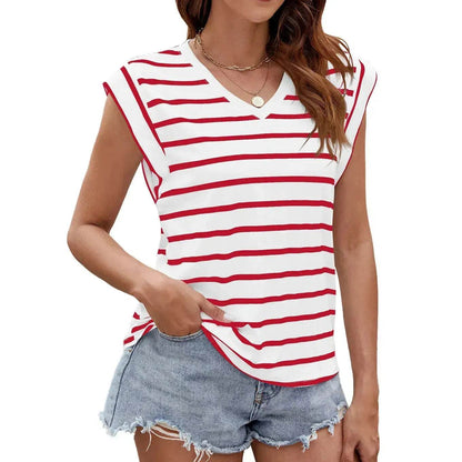 T-shirt à manches courtes et col en V imprimé rayures tendance, haut décontracté ample d'été pour femme