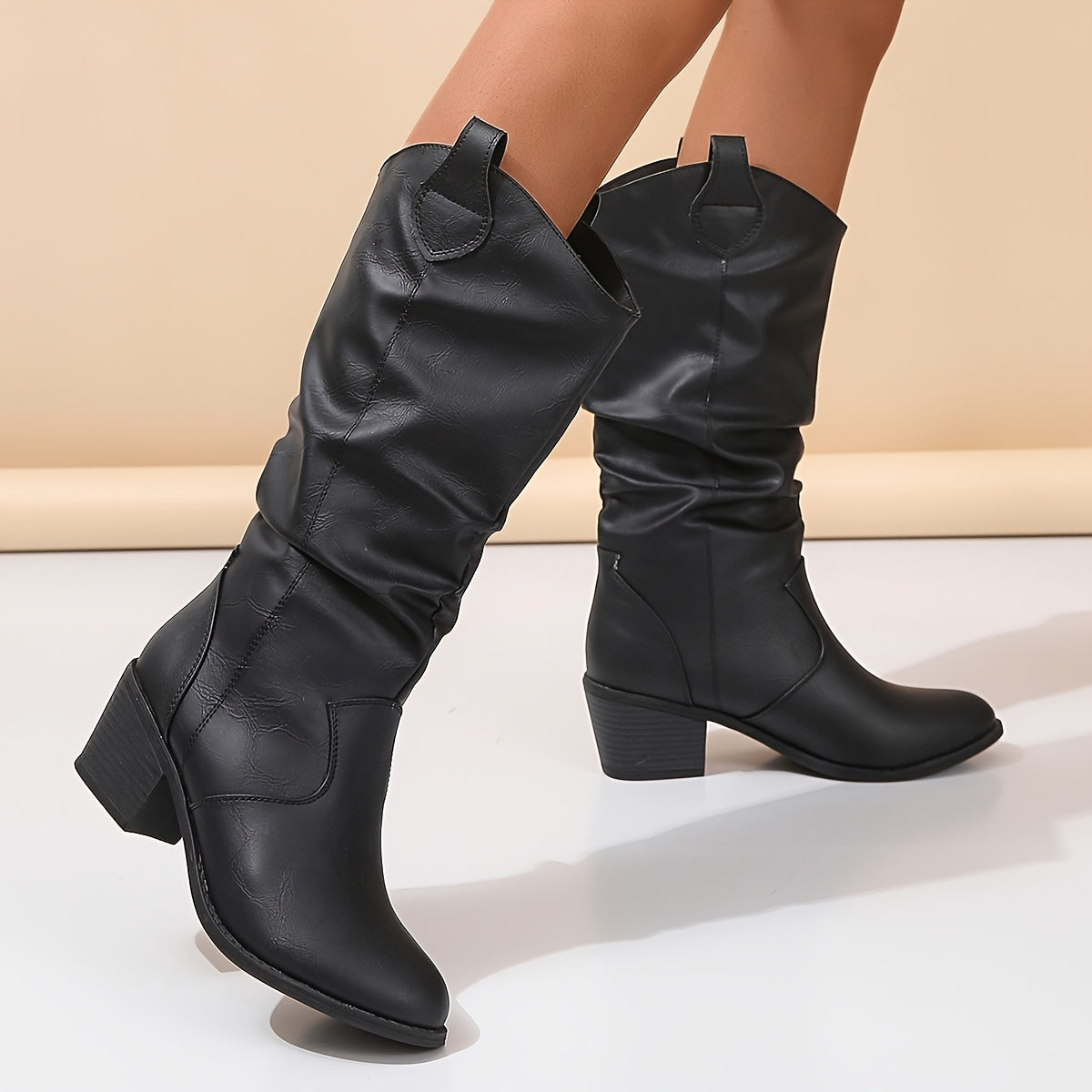 Women's Slouchy Cowboy Boots, Retro Chunky Low Heeled Pull On Western Boots, V-cut Mid Calf Boots