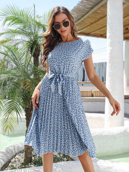 Casual Spring Summer Tie belt Pleated Floral Midi Dress