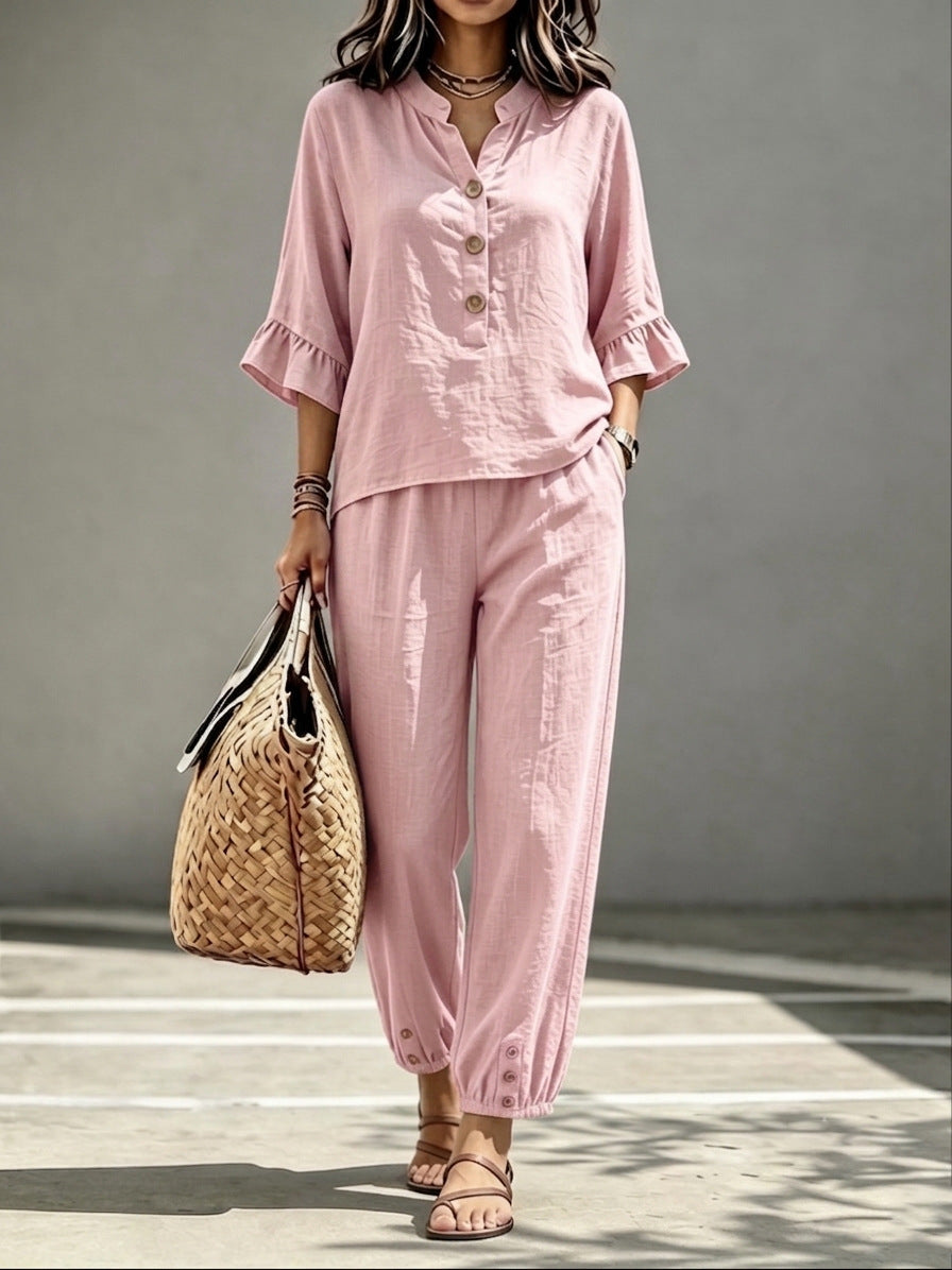 Women’s 2-Piece Casual V-Neck Top & Cropped Wide-Leg Pants Set – Retro Office Outfit