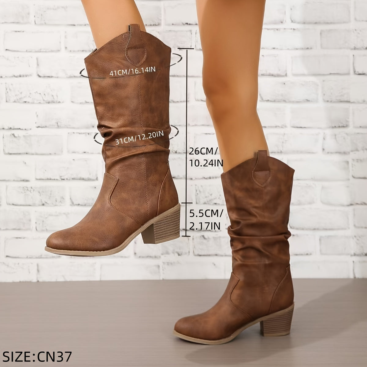 Women's Slouchy Cowboy Boots, Retro Chunky Low Heeled Pull On Western Boots, V-cut Mid Calf Boots